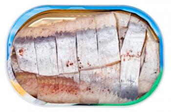 above view of canned fish isolated on white background - canned marinated herring in brine