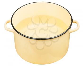classic yellow enamel saucepot with water isolated on white background