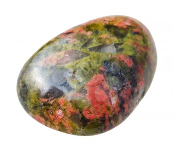natural mineral gem stone - one Unakite gemstone isolated on white background close up