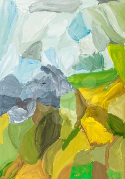 child's drawing - abstract landscape with green and yellow fields and blue sky by watercolor gouache