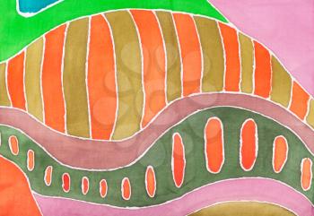 textile background - abstract hand painted orange geometric pattern on silk batik