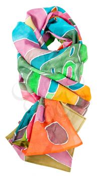 knotted handmade batik silk scarf with geometric pattern isolated on white background