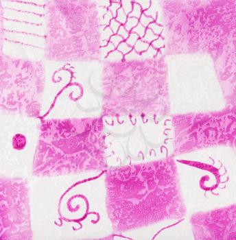 textile background - abstract hand painted pink and white square pattern on silk batik
