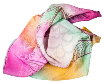 crumpled handmade sewing pink and yellow silk scarf with batik pattern isolated on white background