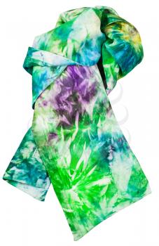 knotted handmade sewing silk scarf with green and blue batik pattern isolated on white background