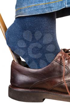 man puts on brown shoes using shoe horn close up isolated on white background