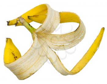 four peels of ripe banana isolated on white background