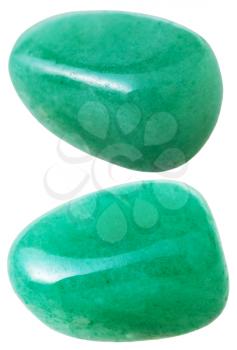 natural mineral gem stone - two green Aventurine gemstones isolated on white background close up