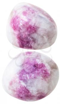 natural mineral gem stone - two Rhodonite gemstone pebbles isolated on white background close up