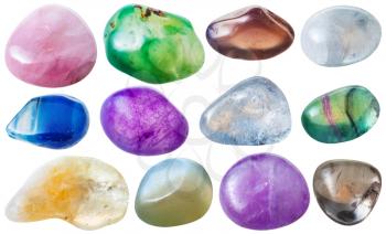 natural mineral gem stone - set from 12 pcs blue, pink, violet, yellow, green transparent gemstones isolated on white background