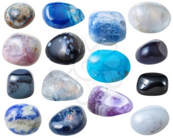 natural mineral gem stone - set from 15 pcs blue and black gemstones isolated on white background