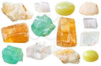 macro shooting of collection natural stones - various calcite gem stones isolated on white background