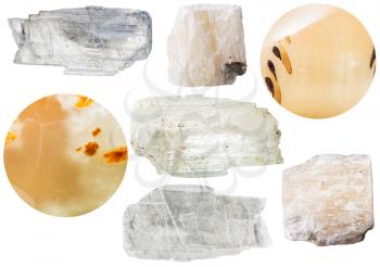 macro shooting of collection natural rock - set of gypsum mineral stones - crystals and selenite isolated on white background