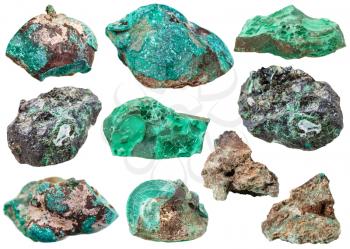 macro shooting of collection natural rock - various malachite mineral gem stones isolated on white background