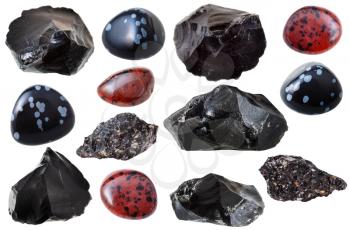 set of natural mineral gemstones - various obsidian (black, volcanic glass, snowflake, mahogany) gem stones and rocks isolated on white background