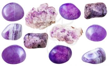 set of natural mineral gemstones - various amethyst gem stones isolated on white background