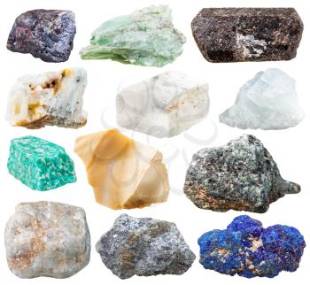 set of natural rocks and stones - tourmaline dravite, talc, azurite, galena, iceland spar, cuprite, amazonite, magnesite, gneiss, quartz, flint, marble gem stones isolated on white background
