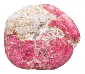 macro shooting of natural mineral stone - pebble of Thulite (rosaline, pink zoisite) gemstone isolated on white background