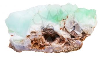 macro shooting of natural mineral stone - Chrysoprase ( chrysophrase, chrysoprasus, green chalcedony) crystalline rock isolated on white background