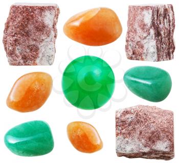 set of natural mineral stones - specimens of natural aventurine tumbled gemstones and rocks isolated on white background