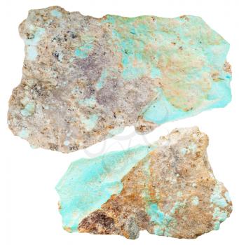 macro shooting of natural mineral stone - two pieces of Turquoise gemstones isolated on white background