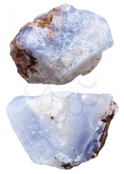 macro shooting of natural mineral stone - two pieces of blue Chalcedony crystal isolated on white background