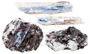 set of natural mineral stones - specimens of blue kyanite crystals in mica and gneiss rocks isolated on white background