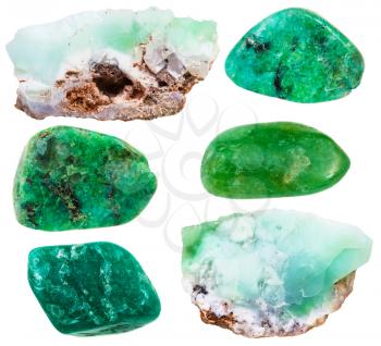 set of natural mineral stones - specimens of chrysoprase (chrysophrase, chrysoprasus) tumbled gemstones and rocks isolated on white background