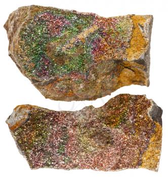 macro shooting of natural mineral stone - rainbow ( iridescen) pyrite mineral rocks isolated on white background