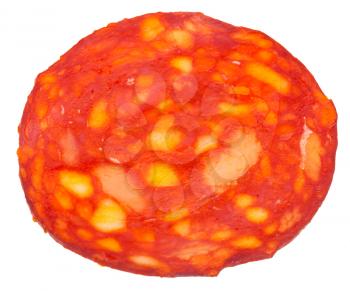 one slice of pepperoni salami isolated on white background
