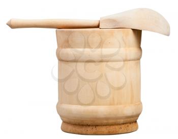 side view wooden cup and spoon isolated on white background