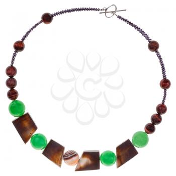 necklace from natural gemstones (green aventurine and brown agate), brown bone, glass beads isolated on white background