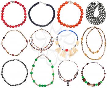 set of round necklaces from natural gemstones, coral, pearl, bone, beads isolated on white background