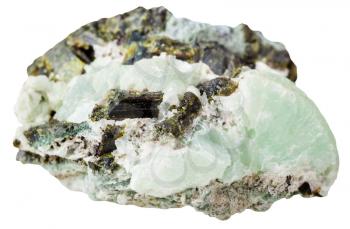 macro shooting of natural rock specimen - Epidote crystals on Prehnite mineral stone isolated on white background