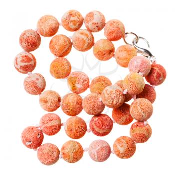 tangled necklace from orange sponge coral beads isolated on white background