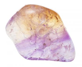 macro shooting of natural gemstone - tumbled Ametrine (trystine , bolivianite) mineral gem stone isolated on white background