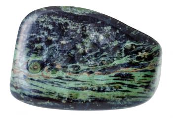 macro shooting of natural gemstone - polished Rhyolite (Madagascar jasper, Ocean Jasper, orbicular jasper) mineral gem stone isolated on white background
