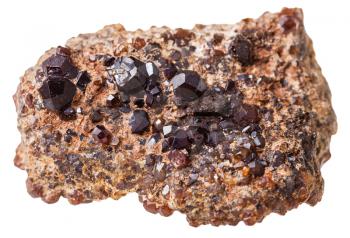 macro shooting of natural rock specimen - piece with Andradite (Melanite, garnet) mineral stones isolated on white background