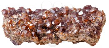 macro shooting of natural rock specimen - piece with Andradite (garnet) mineral crystals isolated on white background