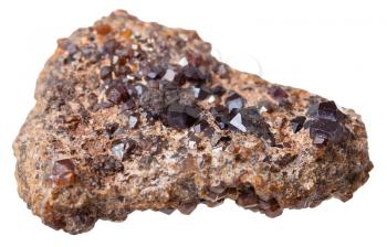 macro shooting of natural rock specimen - druse of Andradite (Melanite, garnet) dark brown crystals isolated on white background