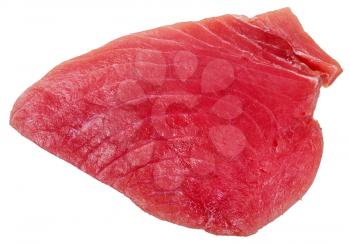 above view of piece of raw tuna fish meat isolated on white background