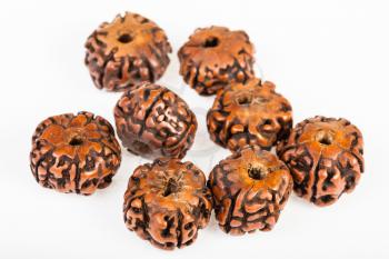 natural wooden beads from Rudraksha tree seeds on white background