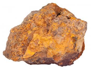 macro shooting of natural rock specimen - pebble of limonite (iron ore, bog iron ore, brown hematite, brown iron ore, lemon rock, yellow iron ore) mineral stone isolated on white background