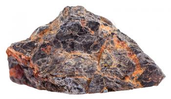 macro shooting of natural rock specimen - crystal of wolframite mineral stone in iron ore isolated on white background