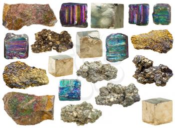 set of various pyrite mineral stones and crystals isolated on white background