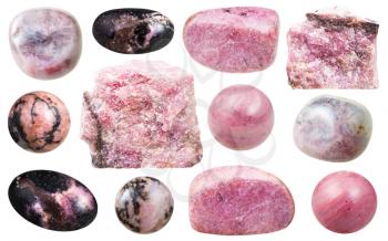 set of rhodonite mineral stones and polished gemstones isolated on white background