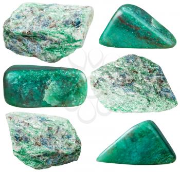 set of polished and rock fuchsite (chrome mica) green gemstones isolated on white background