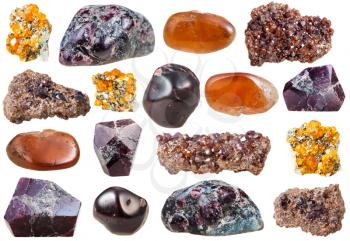 set of varuous garnet crystals and gemstones isolated on white background