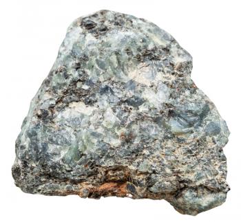 macro shooting of natural mineral stone - Schist rock with green nepheline (nephelite) with brown biotite in nepheline syenite (Miaskite) stone isolated on white background