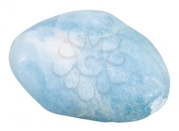 macro shooting of natural mineral stone - tumbled aquamarine (blue Beryl) gemstone isolated on white background